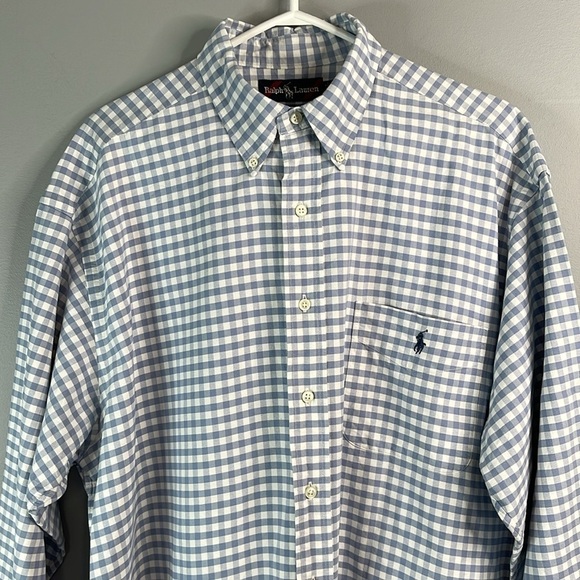 RALPH LAUREN Mens Vintage 90’s The Big Shirt Blue White Buffalo Plaid Oxford L - Picture 3 of 13